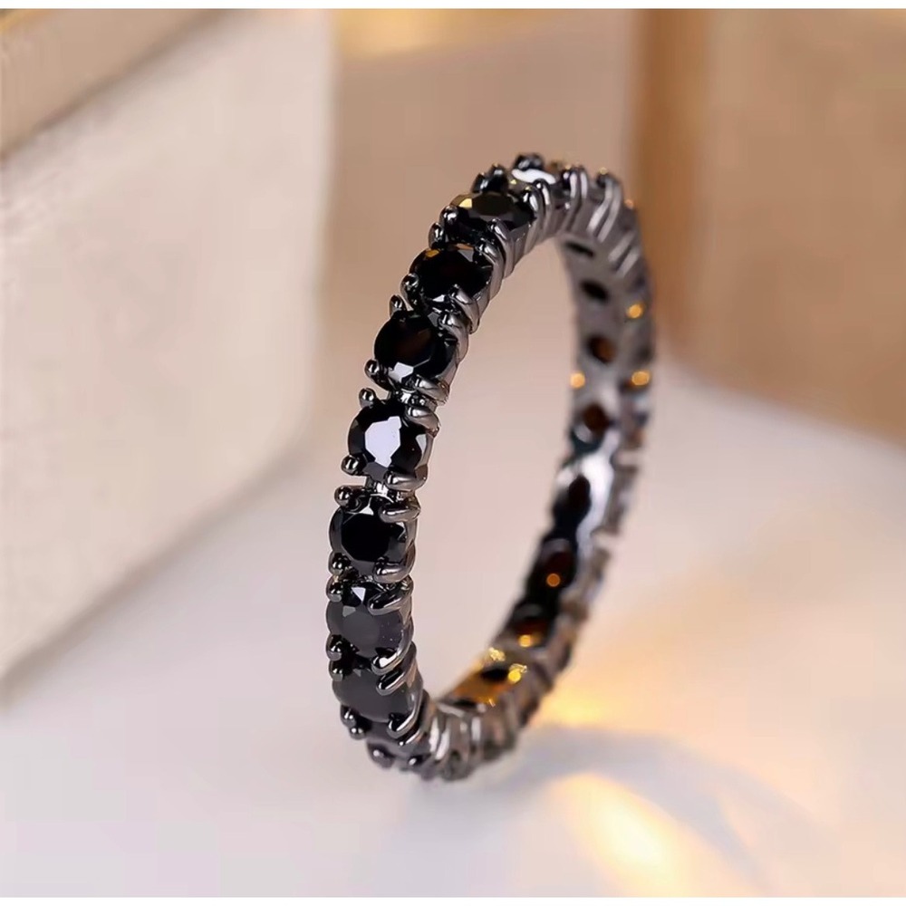 Black Eternity Band Ring Round Cut Cubic Zirconia Stackable Minimalist size 6